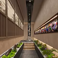 Traditional Chinese Elevator Hallway With Peking Opera Masks Wooden Lattice Decorative Column And Green Plants