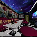 Starry Sky Ceiling KTV With Purple Sofas Mural Black White Checkered Floor Large Screen TV