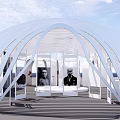 Modern White Exhibition Booth With Curved Grille Structure Display Shelves And Reception Counter