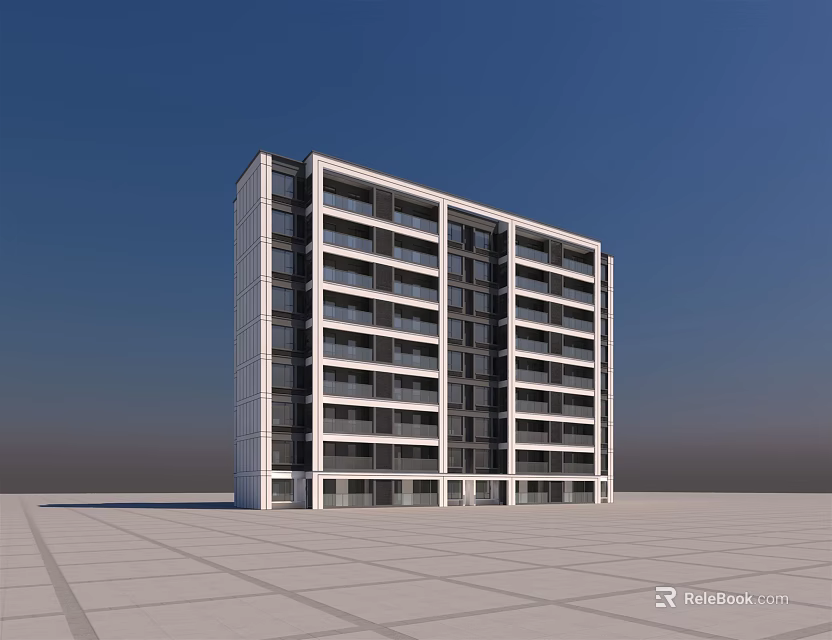 Modern Residential Building With Multiple Balconies White Gray Exterior Against Blue Sky And Open Square 3d model 