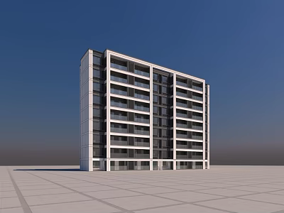 Modern Residential Building With Multiple Balconies White Gray Exterior Against Blue Sky And Open Square 3d model