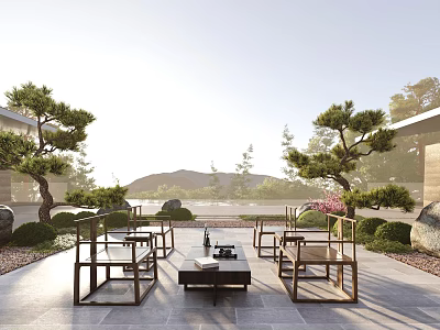 Sunny Courtyard Garden With Wooden Furniture Pine Trees Rock Decorations And Mountain View 3d model