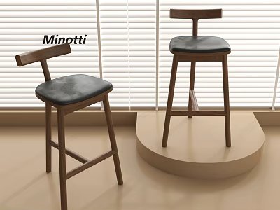 Minotti Stylish Bar Stools With Wooden Frame And Black Leather Seat By Window Blinds 3d model
