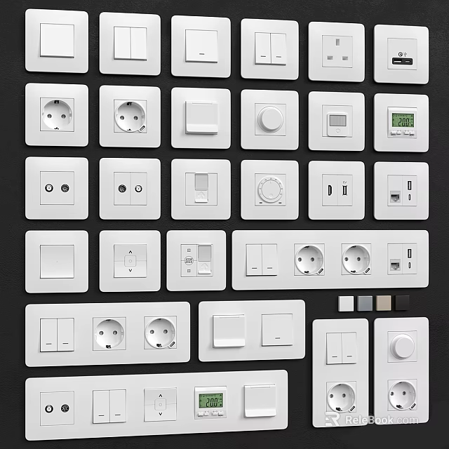 Collection of White Electrical Outlets and Light Switches with Various Designs for Home Use 3d model 