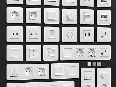 Collection of White Electrical Outlets and Light Switches with Various Designs for Home Use 3d model