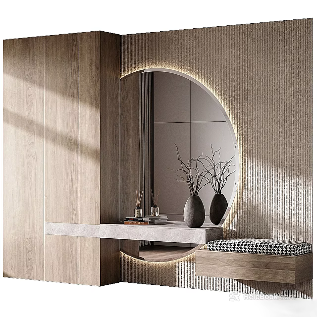 Modern Warm Living Room Interior With Backlit Round Mirror Marble Shelf And Decor Vases 3d model 