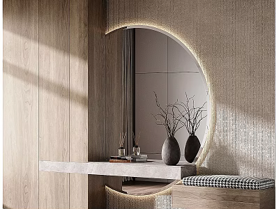 Modern Warm Living Room Interior With Backlit Round Mirror Marble Shelf And Decor Vases 3d model