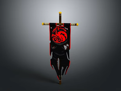Medieval Banner With Red Dragon Design On Black Background And Sword Pole 3d model