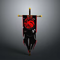 Medieval Banner With Red Dragon Design On Black Background And Sword Pole