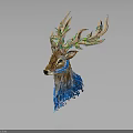 Artistic Deer Head with Green Plants Growing on Antlers and Blue Watercolor Neck