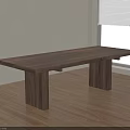 Modern Rectangular Wooden Dining Table In Bright Space With Wooden Floor Window And Green Plant