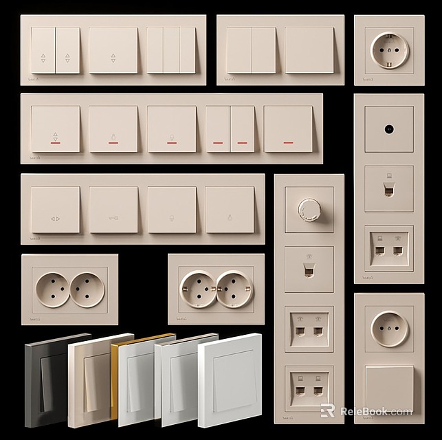 Collection of Various Modern Switch Panels With Sockets Dimmers and Different Designs 3d model 