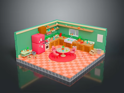 Colorful Kitchen Interior With Green Walls Orange Checkered Floor Red Refrigerator And Pink Chairs 3d model