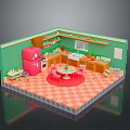 Colorful Kitchen Interior With Green Walls Orange Checkered Floor Red Refrigerator And Pink Chairs