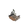 Modern Sofa and Coffee Table Set with Brown Leather Tufted Design Indoor Plants and Artwork