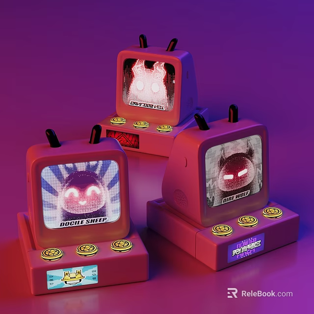 Pink Vintage TV Shaped Decorative Ornament Set With Cute Patterns Fun Text And Gold Buttons 3d model 