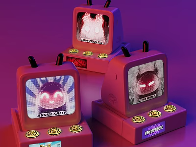 Pink Vintage TV Shaped Decorative Ornament Set With Cute Patterns Fun Text And Gold Buttons 3d model