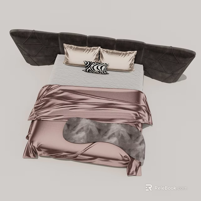 Elegant Bed Setup With Tufted Headboard Light Pillows Striped Cushion And Pink Silk Comforter 3d model 