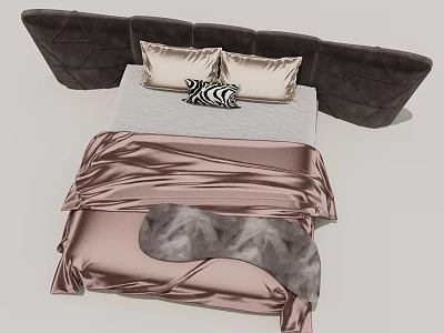 Elegant Bed Setup With Tufted Headboard Light Pillows Striped Cushion And Pink Silk Comforter 3d model