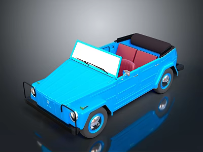 Blue Vintage Convertible Car Featuring Red Seats Black Top And Shiny Wheels 3d model
