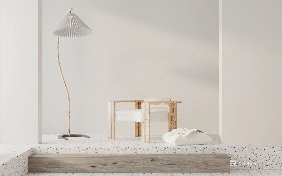 Minimalist Indoor Leisure Chair With Wooden Frame White Cushion And Floor Lamp 3d model 