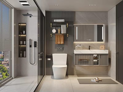 Modern Bathroom Interior With Toilet Vanity Mirror Glass Shower Partition Storage Shelves And Lighting 3d model