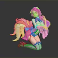 Fantasy Game Female Character With Pink Hair And Decorative Ribbons In Kneeling Pose