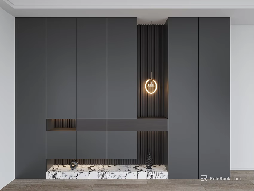 Elegant Modern Gray Shoe Cabinet With Marble Base Vertical Slats And Integrated Lighting 3d model 