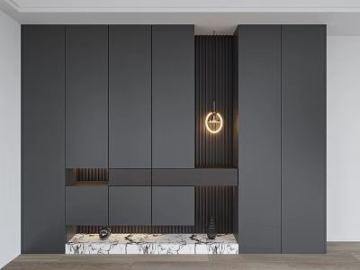 Elegant Modern Gray Shoe Cabinet With Marble Base Vertical Slats And Integrated Lighting 3d model