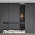 Elegant Modern Gray Shoe Cabinet With Marble Base Vertical Slats And Integrated Lighting
