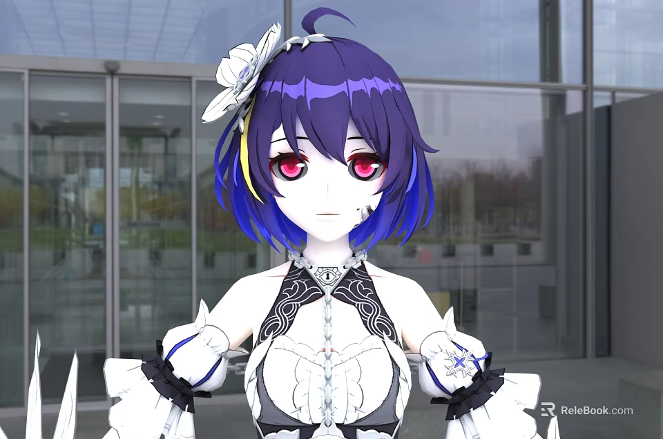 Anime Woman With Purple Short Hair Red Eyes White Flower Hair Accessory In Glass Building 3d model 