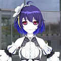 Anime Woman With Purple Short Hair Red Eyes White Flower Hair Accessory In Glass Building