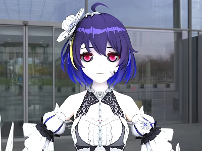 Anime Woman With Purple Short Hair Red Eyes White Flower Hair Accessory In Glass Building 3d model