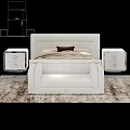 White Upholstered Double Bed With Stitched Headboard Nightstands Drawers And Beige Bedding On Rug