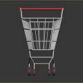 White Shopping Cart With Red Handle And Red Wheels On Reflective Dark Surface