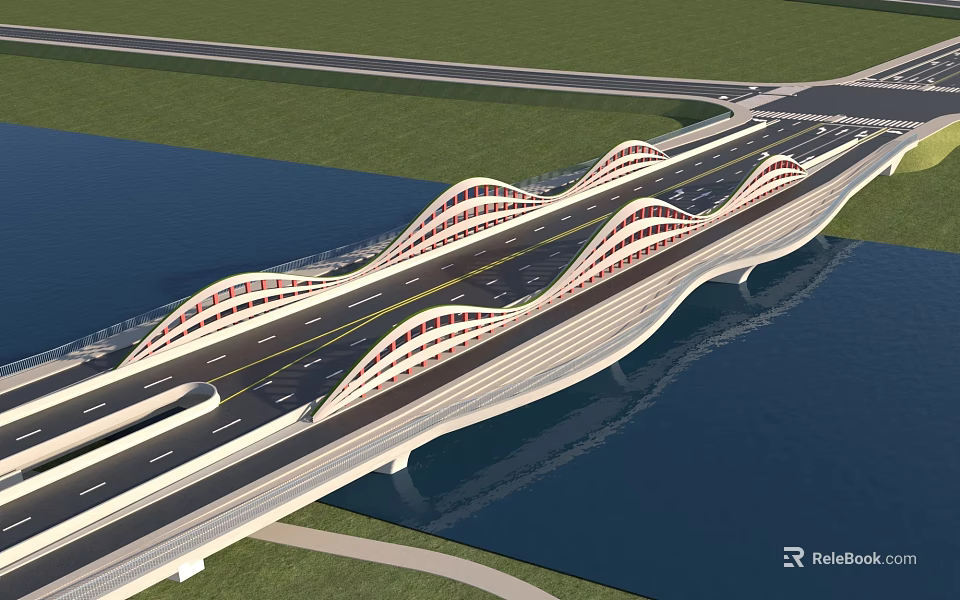 Modern Wave Shaped Bridge With Multiple Lanes Crossing River And Road Connections 3d model 