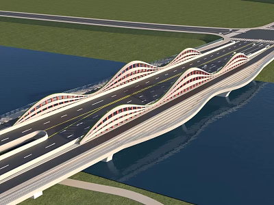 Modern Wave Shaped Bridge With Multiple Lanes Crossing River And Road Connections 3d model