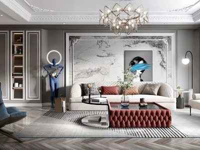 Modern Luxury Living Dining Room Interior With Sofa Coffee Table Chandelier And Decorative Painting 3d model