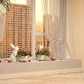 Fresh Fruits On Windowsill With White Rabbit Figurines And Flower Pots Near Tall Buildings Outside