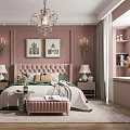 Elegant Pink Bedroom Interior With Chandelier Headboard Decorative Paintings Nightstands Table Lamps And Ottoman
