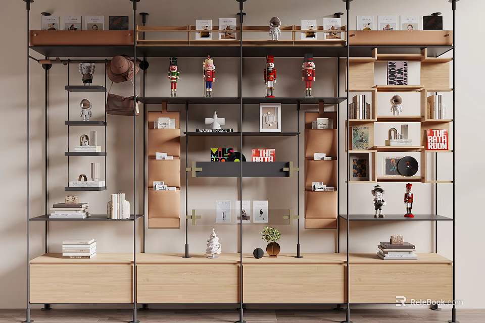 Modern Multilayer Shelving Unit With Metal Frame Wooden Cabinets And Display Decorations Books 3d model 