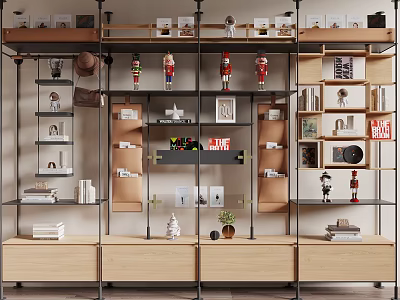 Modern Multilayer Shelving Unit With Metal Frame Wooden Cabinets And Display Decorations Books 3d model