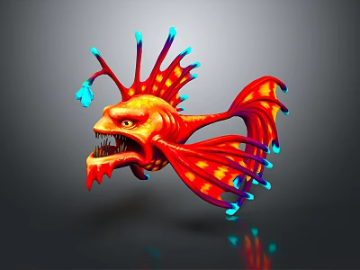 Vibrant Fantasy Monster Fish With Sharp Teeth Red Orange Body And Blue Fins Floating 3d model