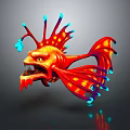 Vibrant Fantasy Monster Fish With Sharp Teeth Red Orange Body And Blue Fins Floating
