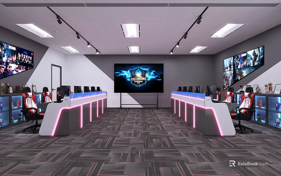 Modern Esports Room Interior With Large Screen Computers Comfortable Chairs And Ambient Lighting 3d model