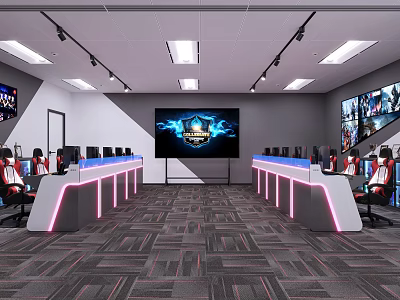 Modern Esports Room Interior With Large Screen Computers Comfortable Chairs And Ambient Lighting 3d model