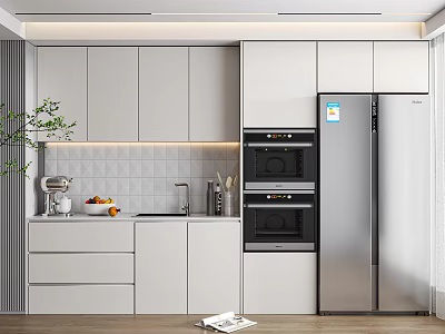 Modern Kitchen Sideboard Design With White Cabinets Built in Ovens And Stainless Steel Refrigerator Countertop 3d model