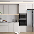 Modern Kitchen Sideboard Design With White Cabinets Built in Ovens And Stainless Steel Refrigerator Countertop