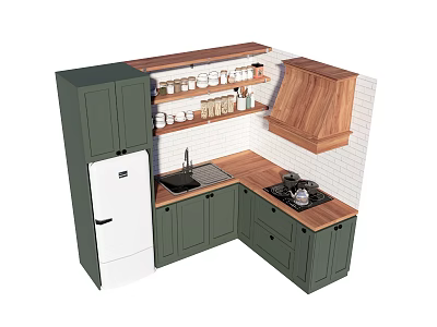 Modern Kitchen Featuring Green Cabinets Wooden Countertops Range Hood And White Brick Wall 3d model