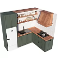 Modern Kitchen Featuring Green Cabinets Wooden Countertops Range Hood And White Brick Wall